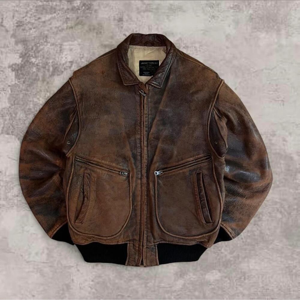 1990s Avirex Vintage Leather Jacket Cracked Faded Distressed Medium 42 grain brw